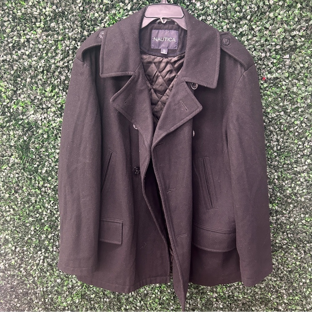 Nautica Men's Black Wool Blend Pea Coat Jacket Size XXL (missing button)